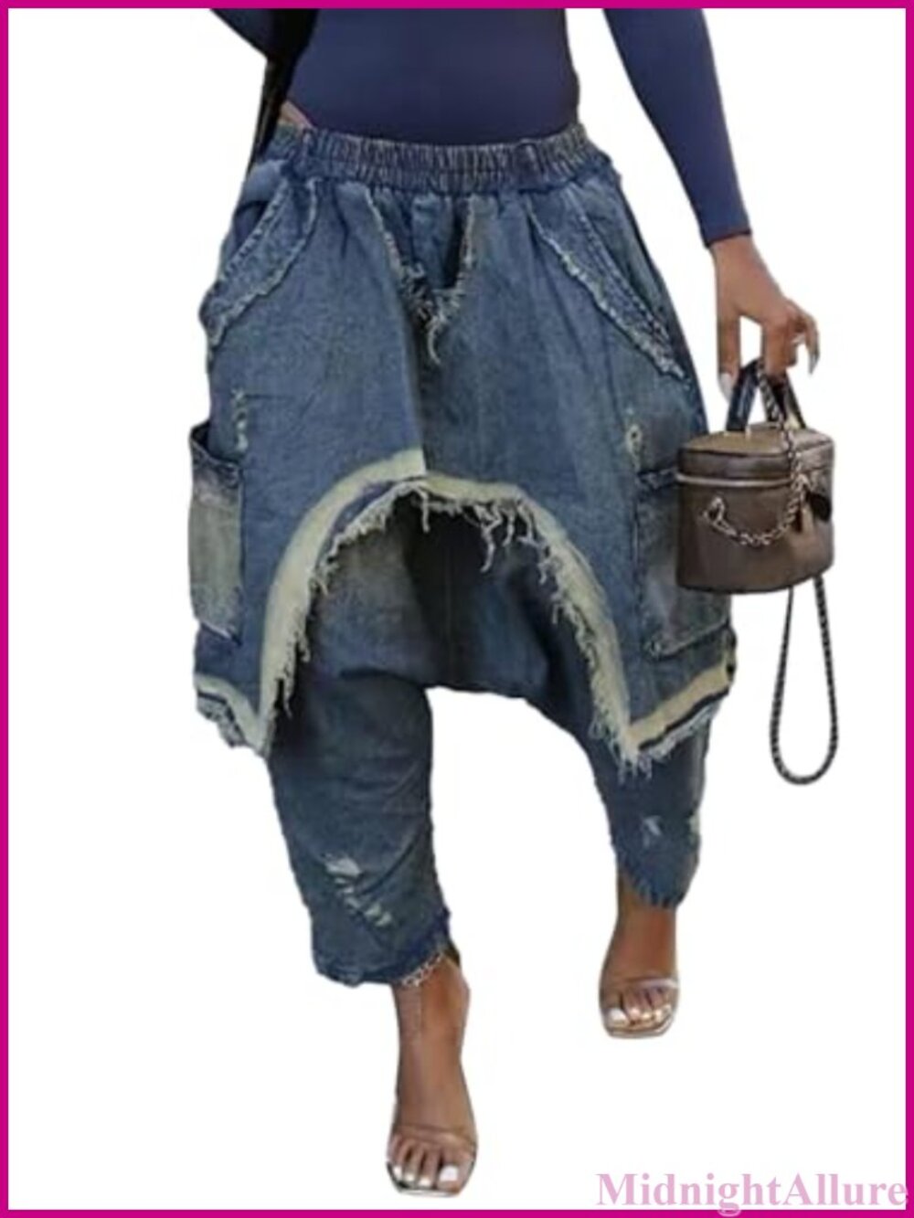 Womens Baggy Harem Jeans Elastic High Waist Wide Leg Cropped Denim Jogger Pants